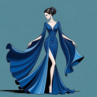 Elegant woman in flowing blue gown