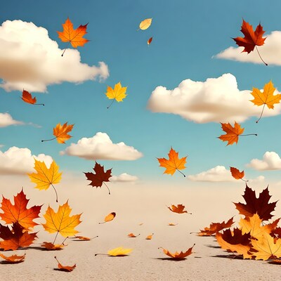 Falling Autumn Leaves in Blue Sky