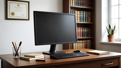 Office Desk with Monitor and Bookshelf