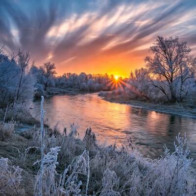 Winter Sunset over Frosty River