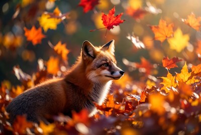 Red fox in autumn leaves