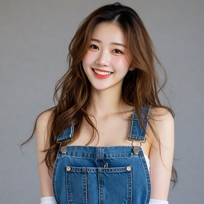 Asian woman smiling in denim overalls