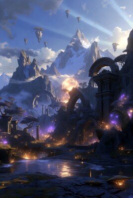 Floating Islands Over Snowy Mountains