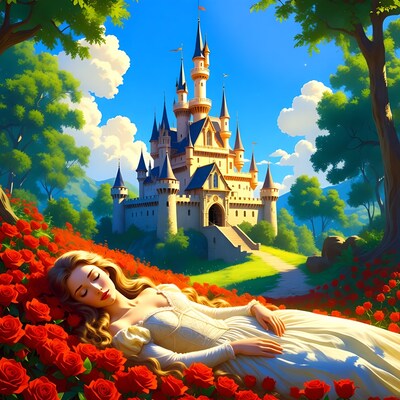 Sleeping Beauty in Rose Field with Castle
