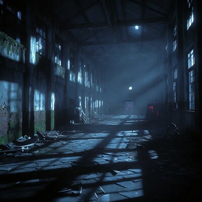 Abandoned Factory Hall with Moonlight Beams