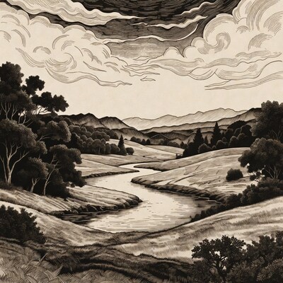 Scenic River Valley Landscape Illustration