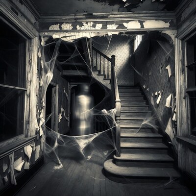 Abandoned haunted spiral staircase with cobwebs