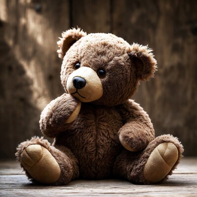 Teddy bear thinking on wooden surface