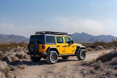 Yellow Jeep Wrangler in Desert Mountains