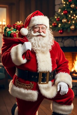 Santa Claus with gift sack by fireplace