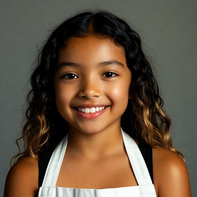 Smiling mixed-race girl in white apron