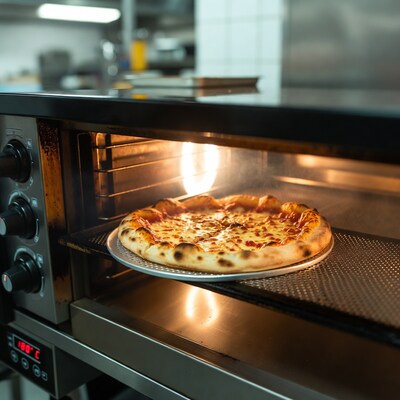Pizza baking in commercial oven