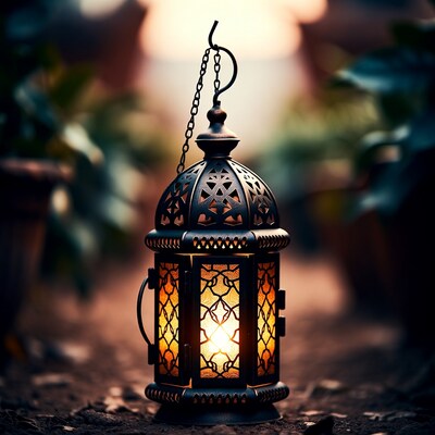 Glowing Moroccan Lantern Hanging Outdoors