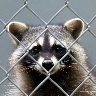 Raccoon peering through chain link fence