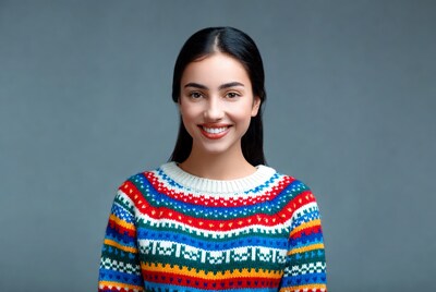 Asian woman smiling in colorful knit sweater