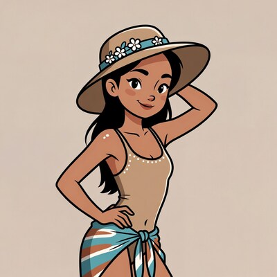 Smiling Asian woman in bikini and hat
