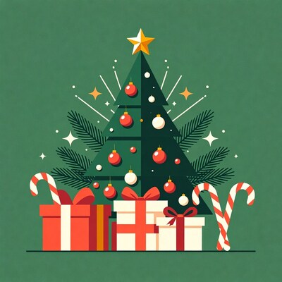 Illustrated Christmas Tree with Gifts and Candy Canes