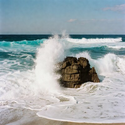 Waves crashing on rock by ocean