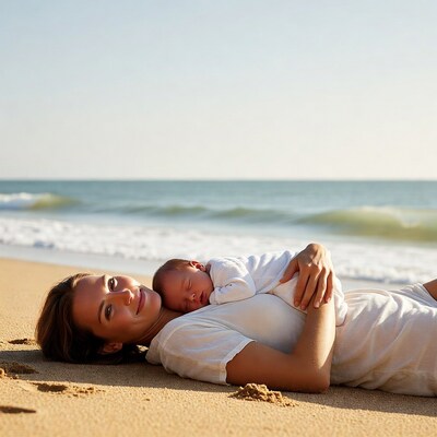 Mother holding sleeping baby on beach
