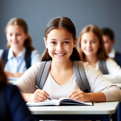 Girl writing in notebook at school desk