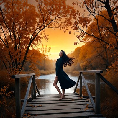 Woman in black dress on wooden bridge autumn sunset