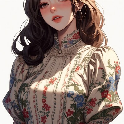 Asian woman in floral embroidered blouse