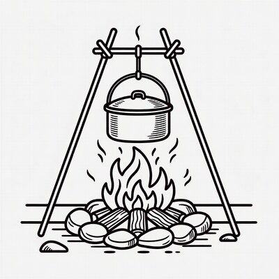 Campfire with pot over flames