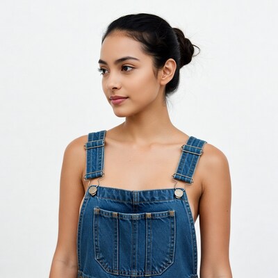 Asian woman in denim overalls profile
