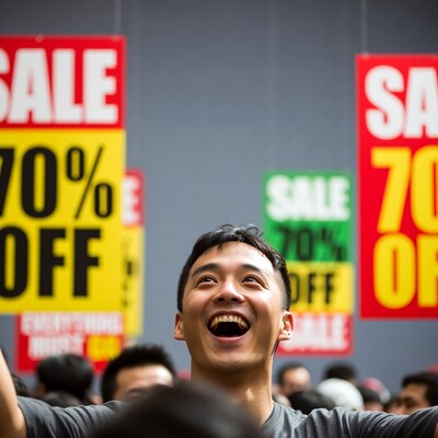 Excited Asian man in 70% off sale crowd