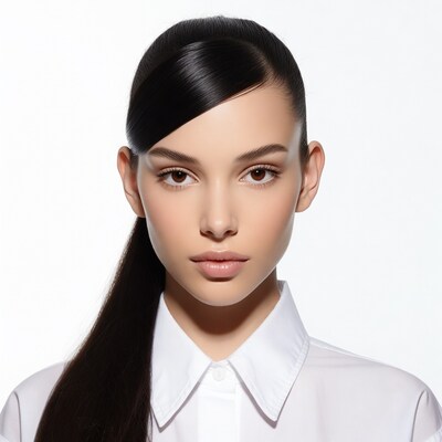 Woman with sleek ponytail in white shirt
