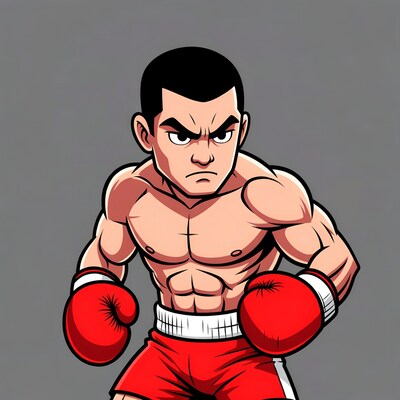 Muscular Asian boxer in fighting stance