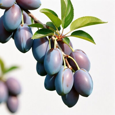 Ripe Plums on Branch with Leaves