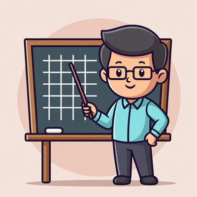 Cartoon Asian teacher pointing at grid chalkboard