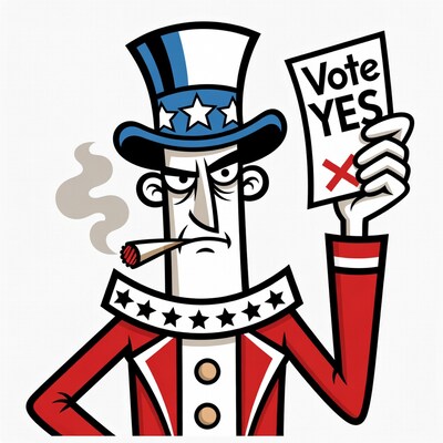 Uncle Sam holding vote yes no signs
