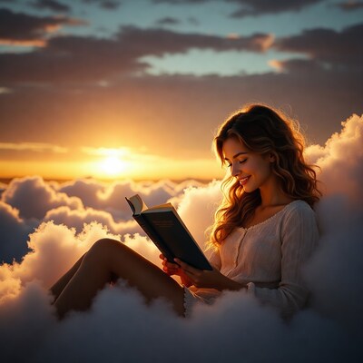 Woman reading book on clouds