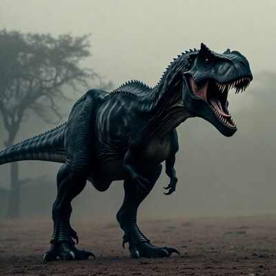 Roaring T-Rex in Misty Forest