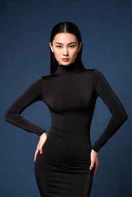 Asian woman in black turtleneck dress