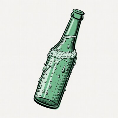 Green beer bottle with foam and condensation