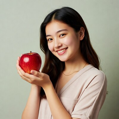 Asian woman holding red apple