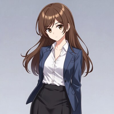 Anime girl in navy blazer suit