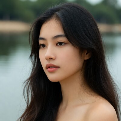 Asian woman profile by lake