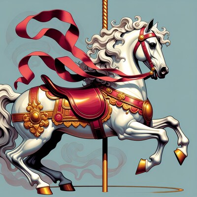 White carousel horse rearing up