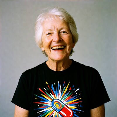Elderly woman smiling in colorful pill t-shirt