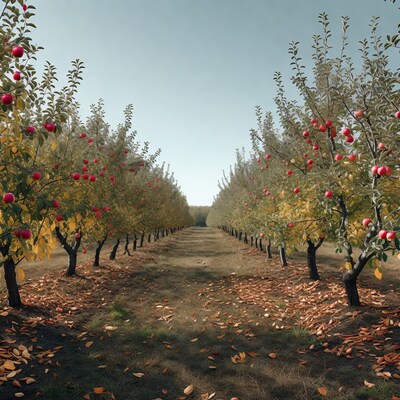 Red apples in orchard pathway