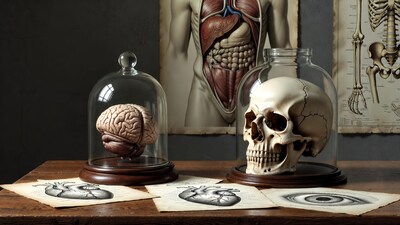 Human Brain and Skull Under Glass Domes