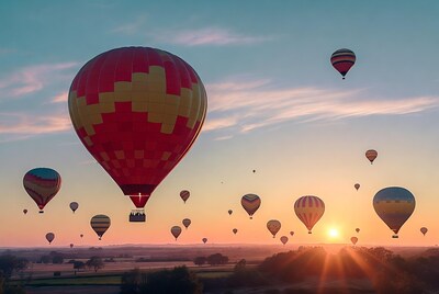 Hot air balloons over countryside at sunset