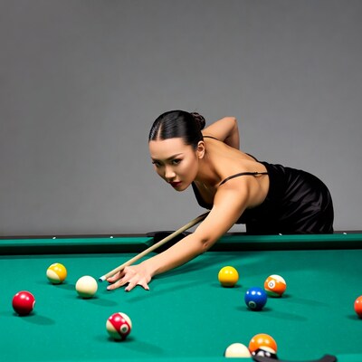 Asian woman playing pool