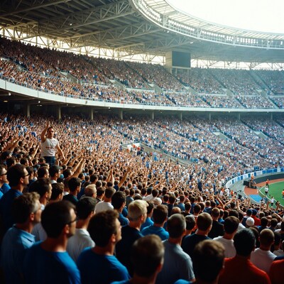 Man raising arms to cheering stadium crowd