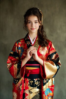 Girl in red kimono with hands clasped