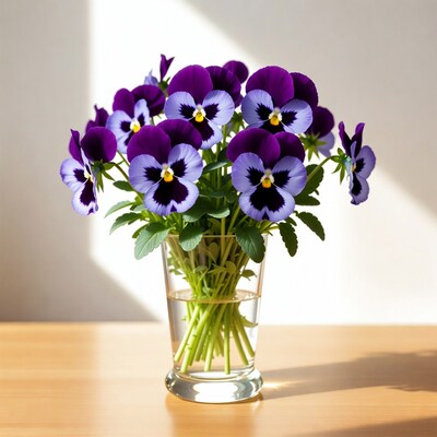 Purple Pansies in Glass Vase